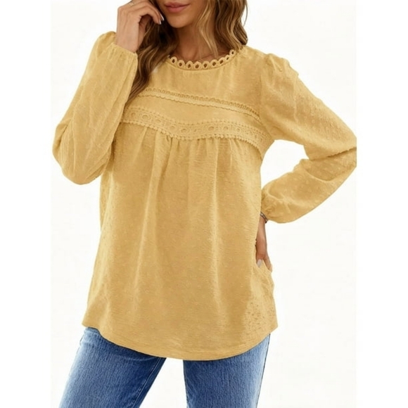 UVN Long Sleeve Blouses Ladies Crewneck Lace Crochet Tops - Picture 3 of 3